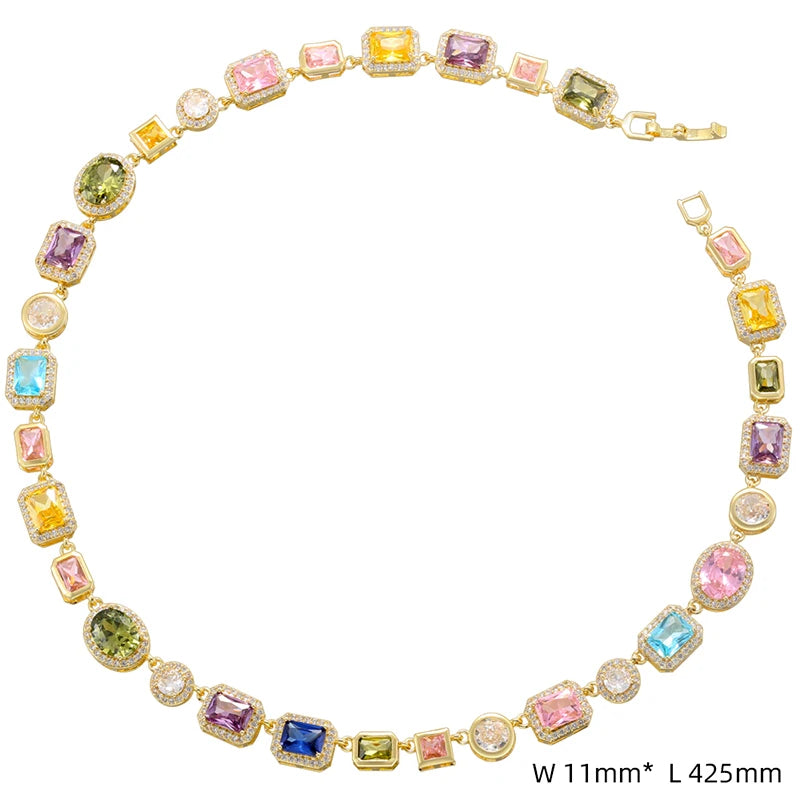 Colorful Mosaic Geometric Zircon Bracelet/Necklace Set Hip-Hop Retro Unisex Couple's 18K Gold-Plated Brass Jewelry:VL661 VL662