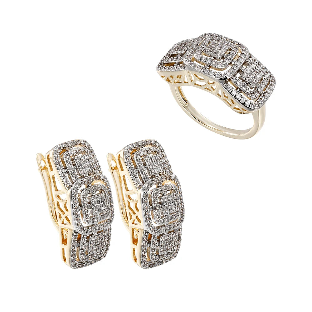 Square inlaid zircon large earrings and ring set copper-plated 14K gold ladies elegant fashion jewelry three-piece set