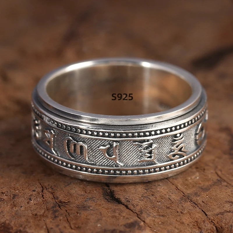 S925 Sterling Silver Ring Men Women Retro Buddhist Six-Character Great Mantra Ring Male Female Amulet Jewelry Exquisite Gift