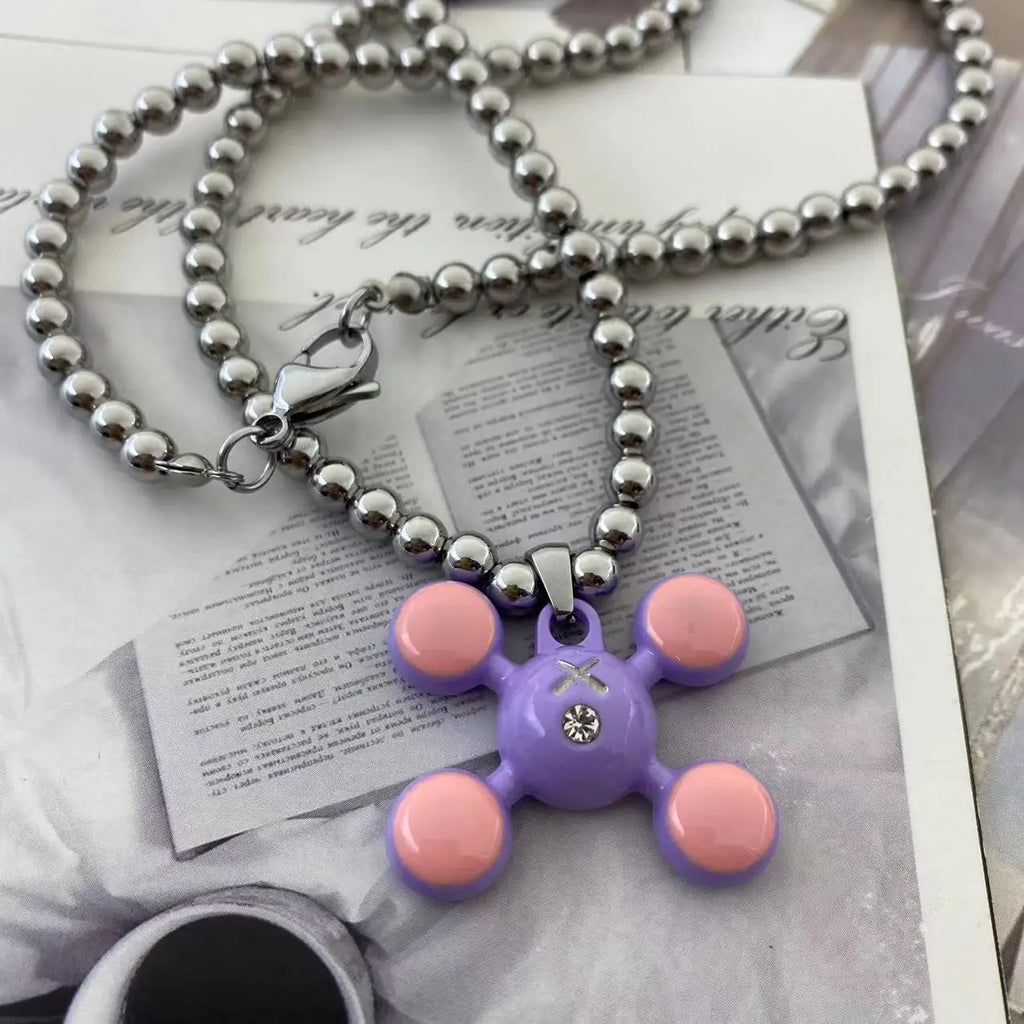 Fashion Stainless Steel Round Bead Chain Quadangle Ball Pendant  For Men Women Personality Niche Design Sense Necklace Gift