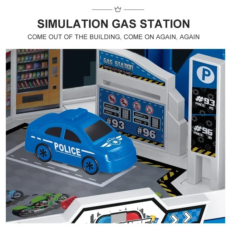 Kids Racing Track with Mini Cars Sliding Parking Lot Toys Multi-Storey Car Parking Fire Police Engineering Vehicle Boy Xmas Gift