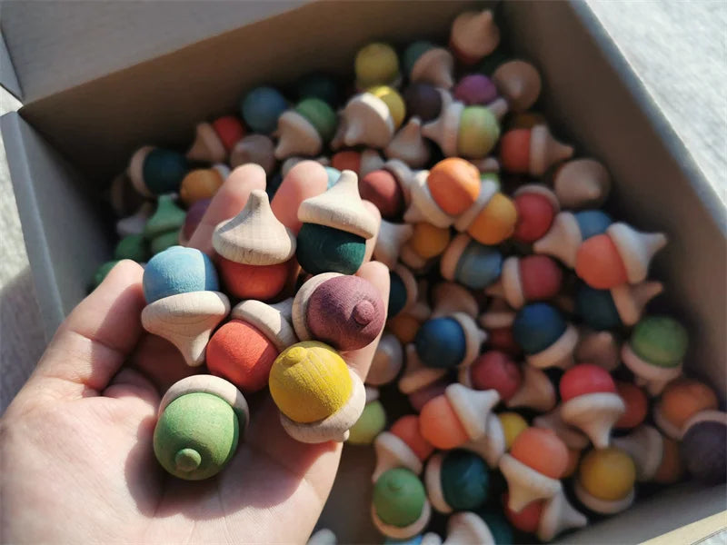Rainbow Wooden  Blocks Loose Parts Toys Pastel Beech Acorns for Kids Open-end Play
