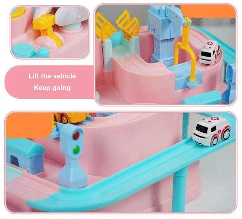 Hot Racing Rail Car Tracks Toy Game for Children Kids Train Board Adventure Parking Mechanical Toy for Boy Age 3+ Birthday Gift