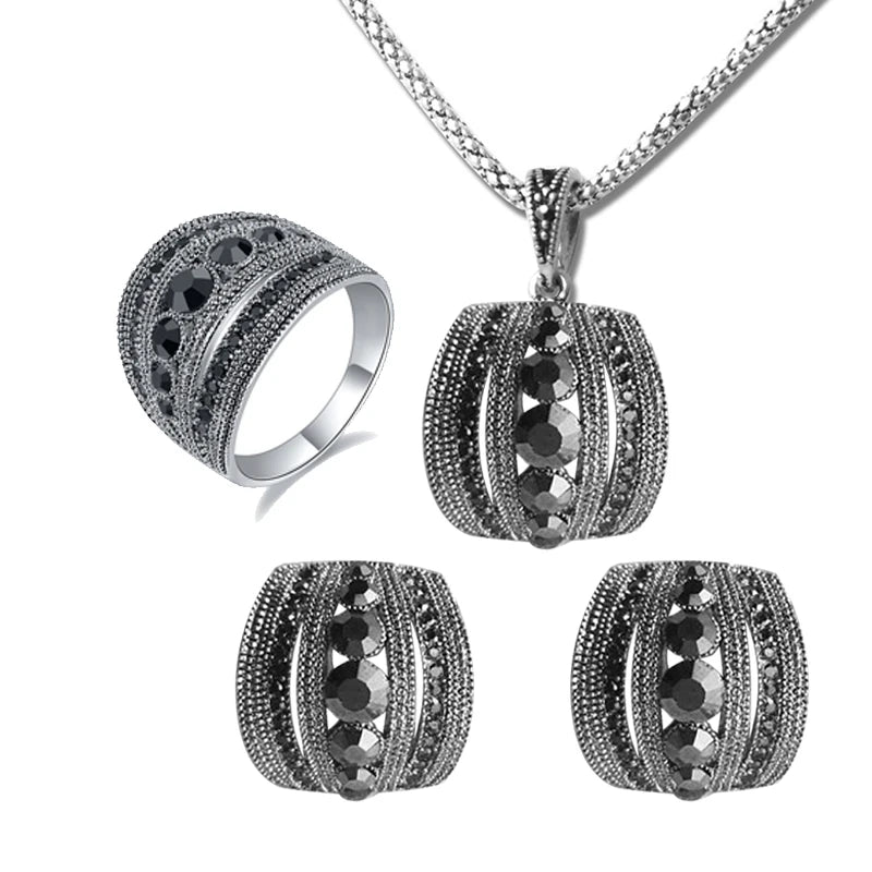 Size 6-10 Vintage Black Zircon Jewelry Sets Black Earrings Necklace Set Parure Bijoux Femme Dress Accessories