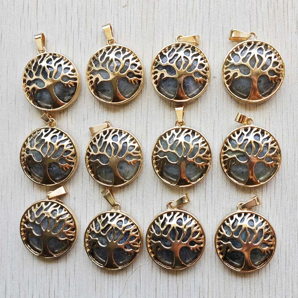 Wholesale 12pcs/lot Fashion Natural Stone Alloy Tree of Life Mix Pendants for Necklaces Jewelry Accessories Making Fast Shipping
