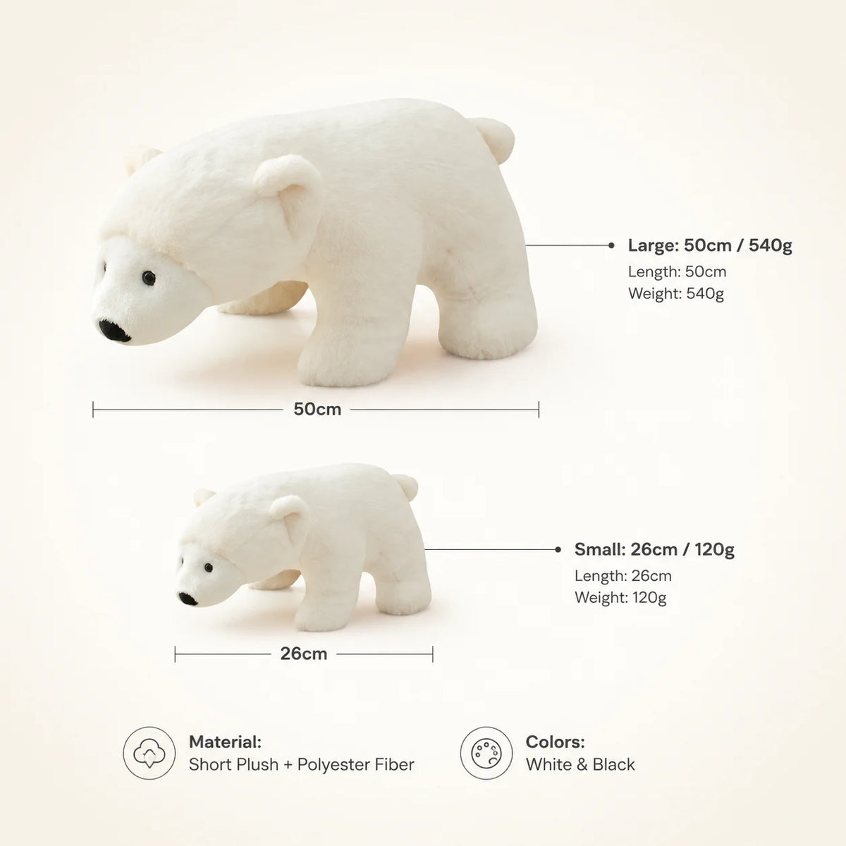 Polar Bear Plush Toy 2 Sizes - 26cm Small & 50cm Large, White Arctic Bear Stuffed Animal, Polyester Fiber Fill, Cuddly for Kids