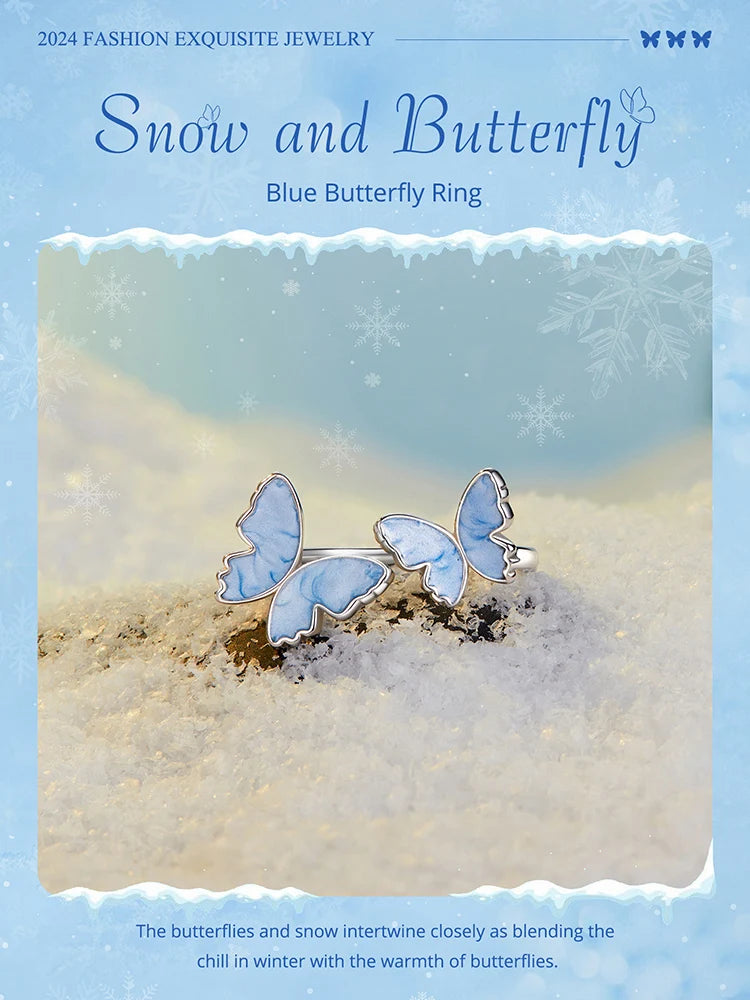 Bamoer 925 Sterling Silver Original Blue Butterfly Ring Lilac Flower Earrings for Women Jewelry Set Anniversary Engagement Gift