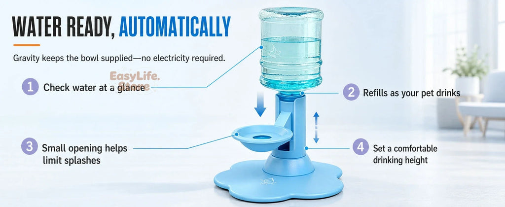 Automatic Cat Dog Water Dispenser No Electricity No Filter Adjustable Height Gravity Pet Water Fountain for Cats and Small Dogs
