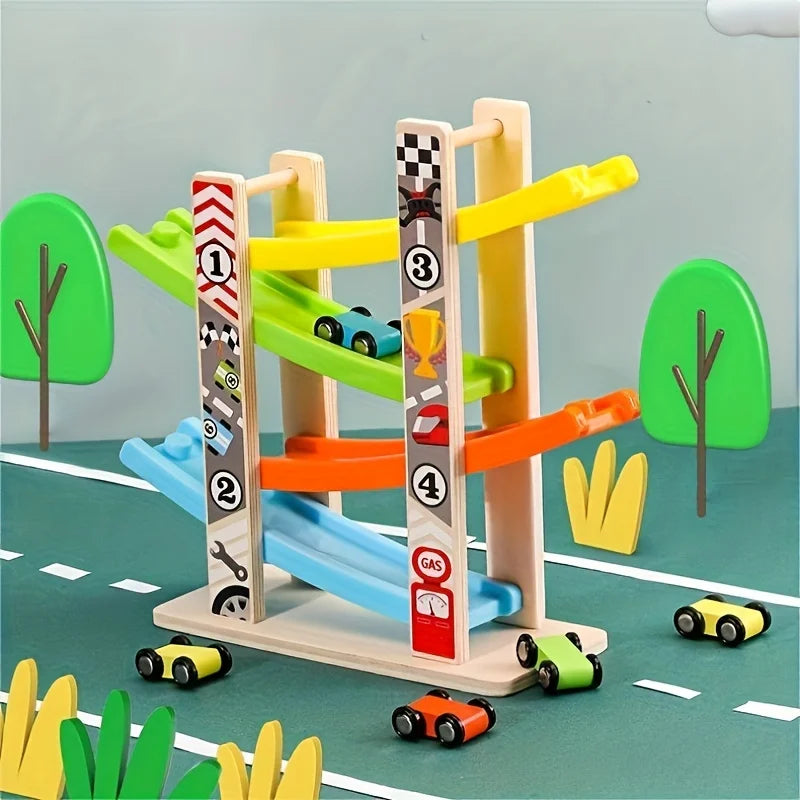 Children's Educational Track 4-Layer Wooden Gliding Car Coasting Racing Car Slide Racing Fun Track Car Educational Toy