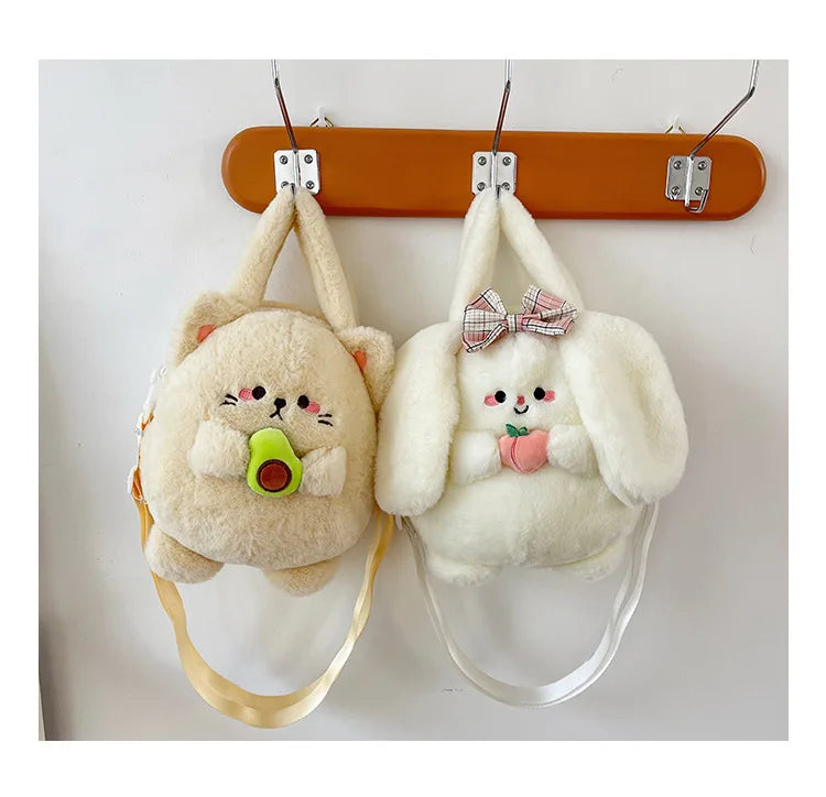 New Rabbit Kitten Plush Toy Backpack Stuffed Animal Rabbit Hold Peach Cat Hold Avocado Portable Shoulder Bag Girl Birthday Gifts