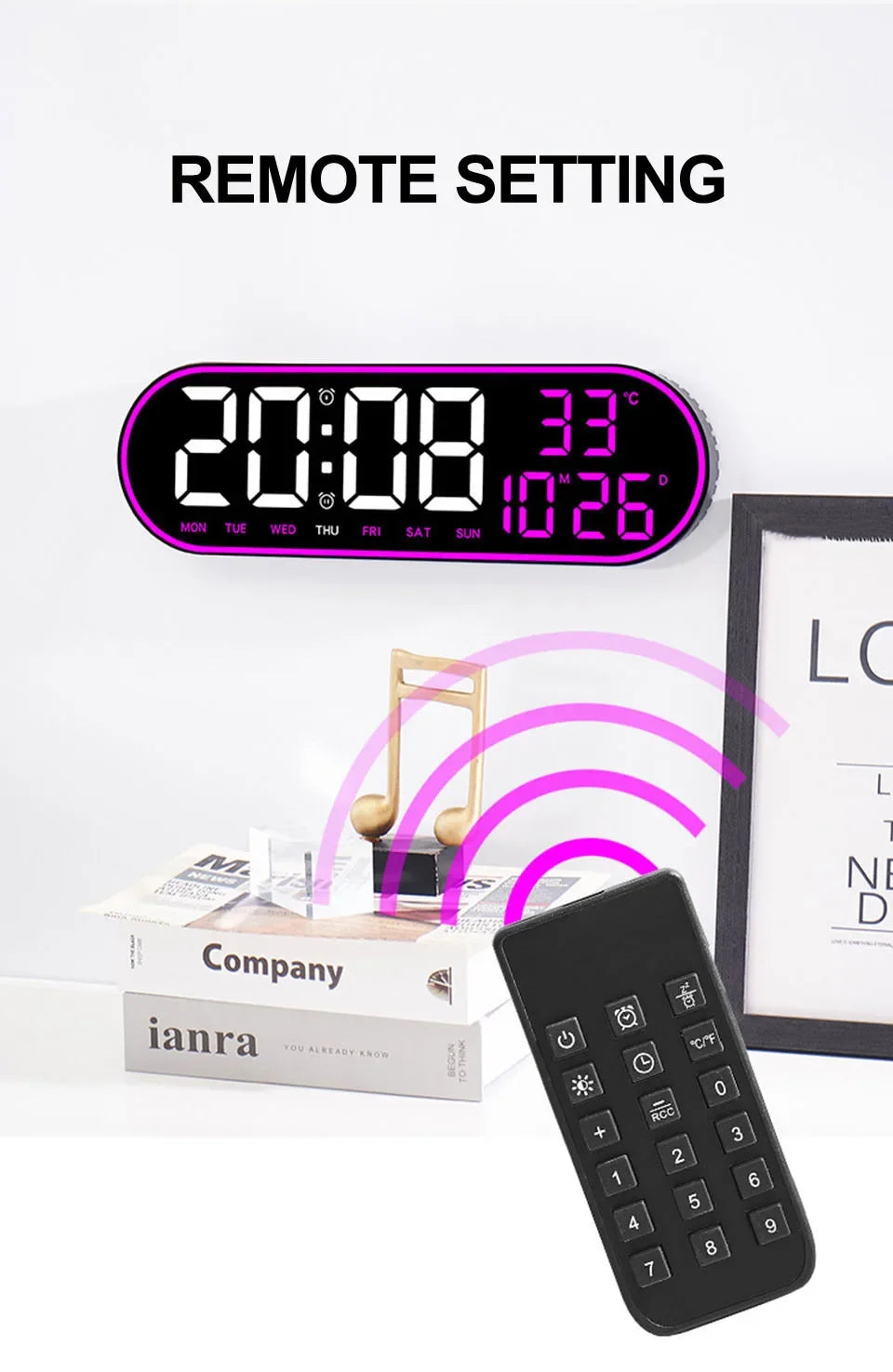 LED Digital Wall Clock Remote Control Electronic Mute Clock with Temperature Date Week Display 15-inch Timing Function Clock