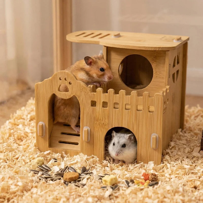 Bamboo Hamster Hideout House - All Season Winter Sleeping Nest for Golden Bear Small Pet Decor Landscape Cage Accessories