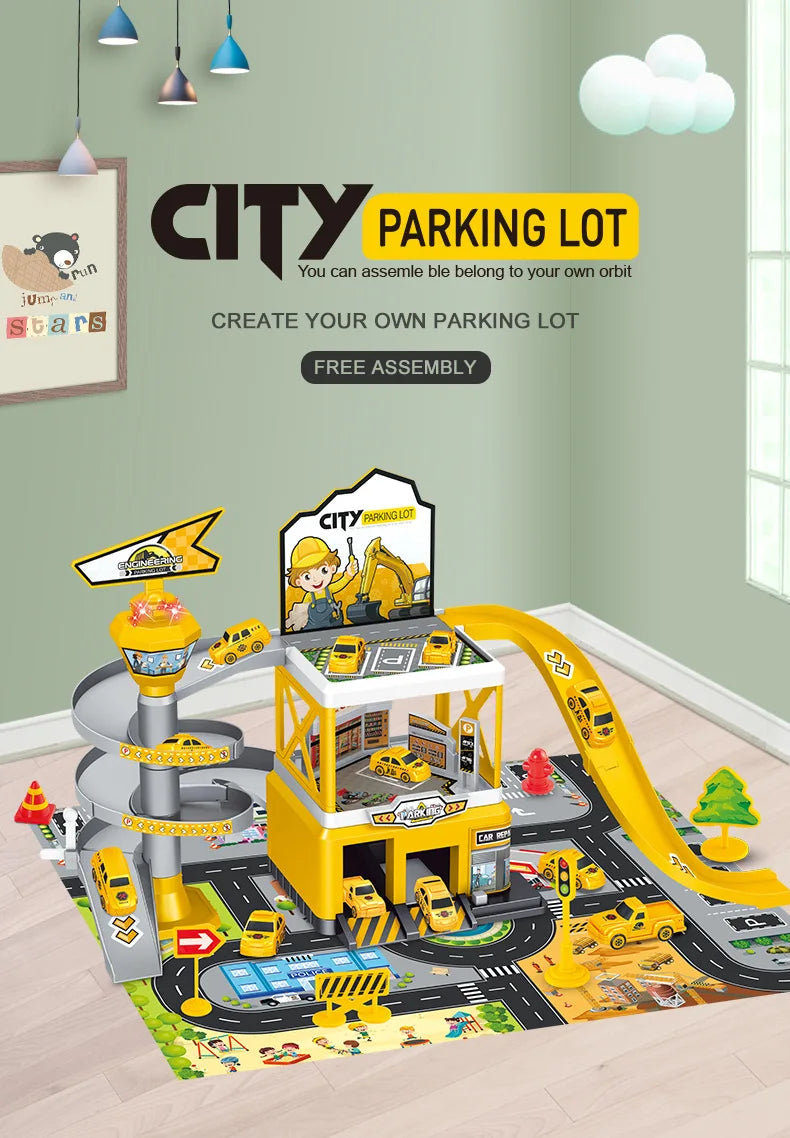 Kids Racing Track with Mini Cars Sliding Parking Lot Toys Multi-Storey Car Parking Fire Police Engineering Vehicle Boy Xmas Gift