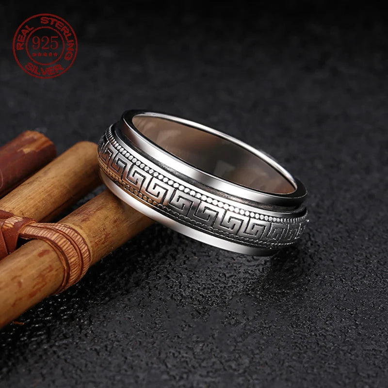 Factory Price S925 Sterling Silver Great Wall Pattern Spinner Ring Men Women Real Silver Double-layer Rotatable Rings Jewelry