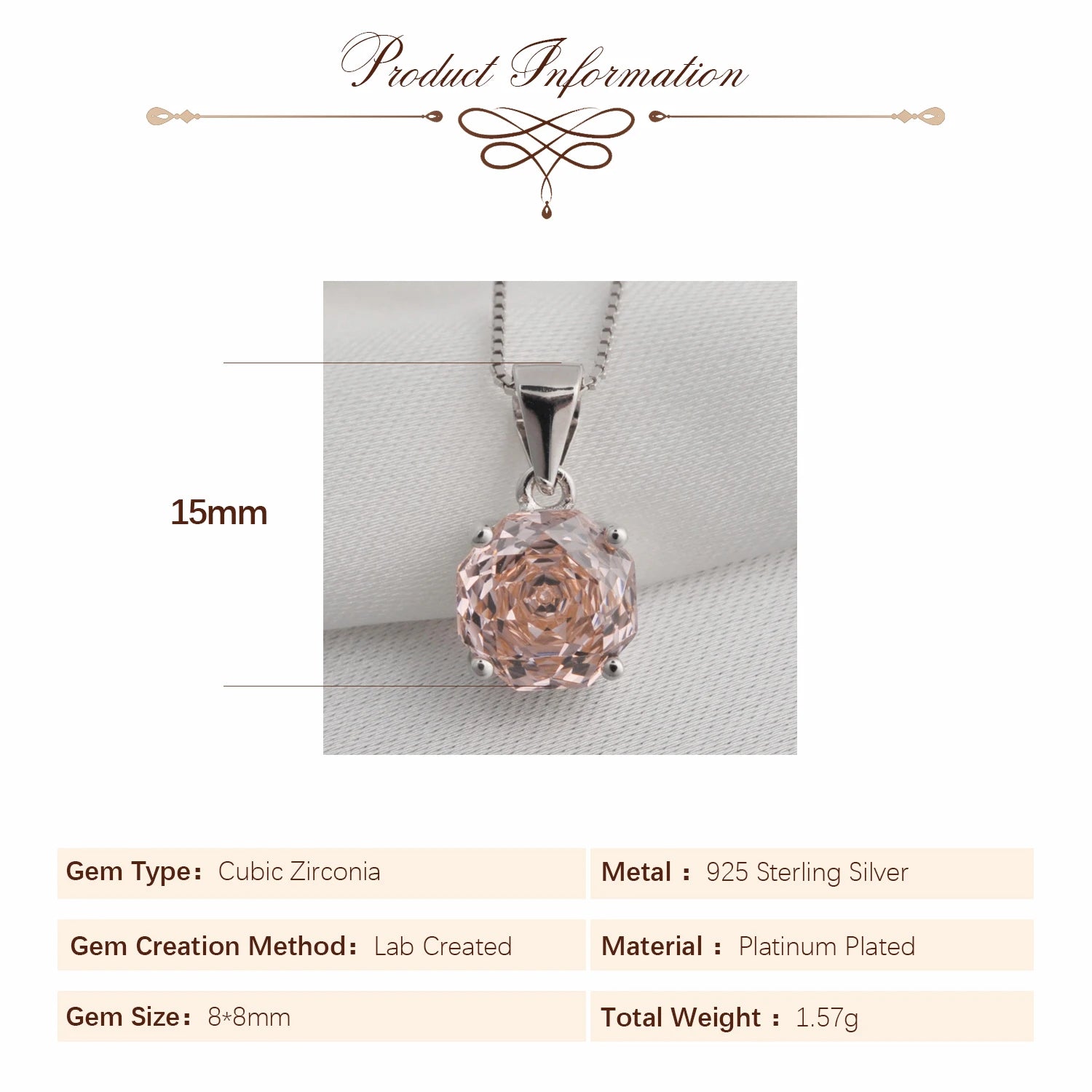 Potiy 2ct Morganite Pink Octagon Rose Cut Pendant Necklace No Chain Cubic Zirconia 925 Silver Jewelry Gift