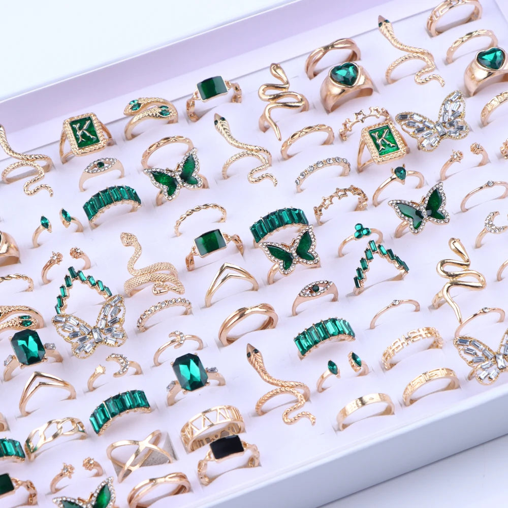 10/20/30/50/100Pcs/Lot Retro Punk Bohemian Rhinestone Carve Rings For Women Mix Style Jewelry Party Gifts Accessories Wholesale
