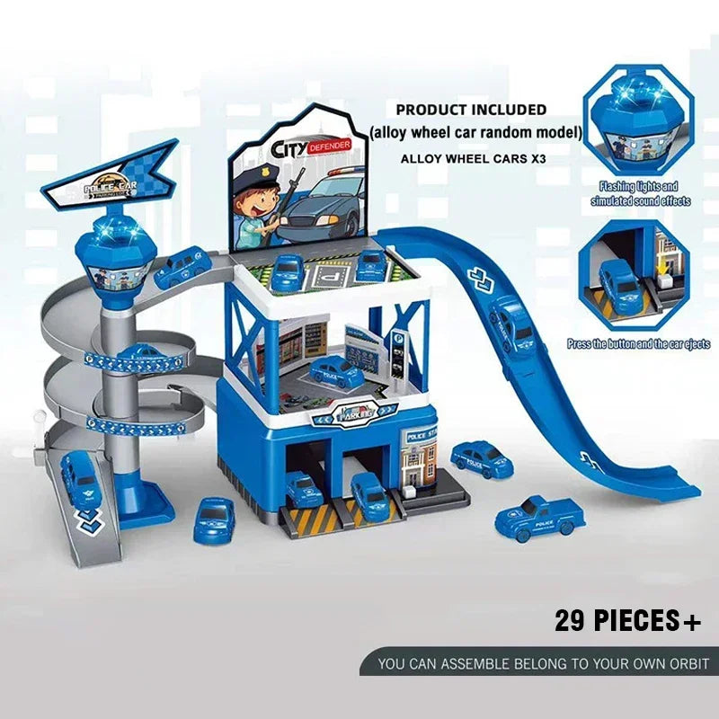 Kids Racing Track with Mini Cars Sliding Parking Lot Toys Multi-Storey Car Parking Fire Police Engineering Vehicle Boy Xmas Gift
