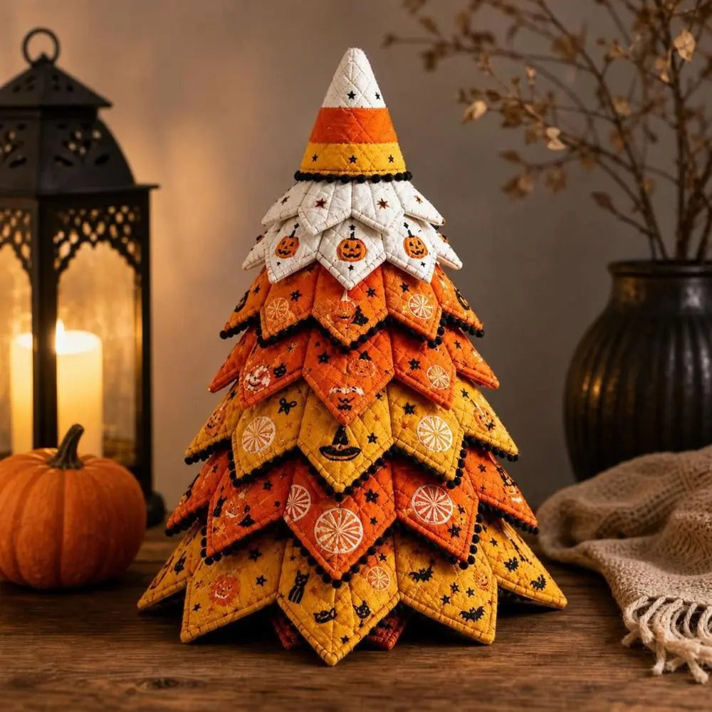Vintage Halloween Quilted Fabric Tree Kit Pumpkin Ghost Black Cat Spider DIY Patchwork Tabletop Tree Set Tree Ornament 3D Thick