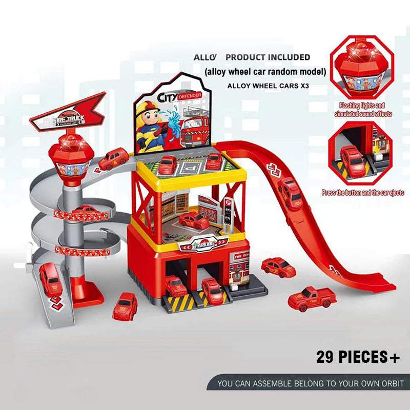 Kids Racing Track with Mini Cars Sliding Parking Lot Toys Multi-Storey Car Parking Fire Police Engineering Vehicle Boy Xmas Gift