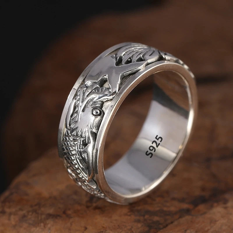 12mm Width Real S925 Sterling Silver Lucky Dragon Double Layer Rotatable Closed Dragon Ring For Man Woman Fiine Jewelry Gift