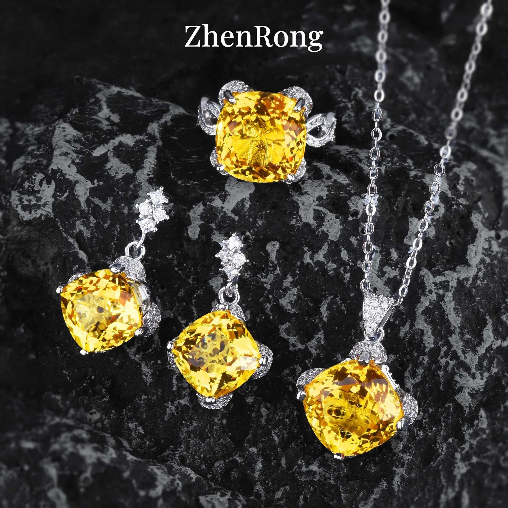 New Women Luxury Simple Bridal Wedding Jewelry Sets 15 Carat Artificial Blue Green Moissanite Pendant Necklaces Earrings Rings