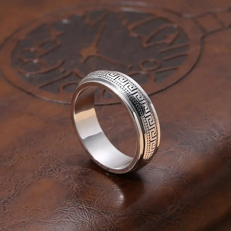 Factory Price S925 Sterling Silver Great Wall Pattern Spinner Ring Men Women Real Silver Double-layer Rotatable Rings Jewelry