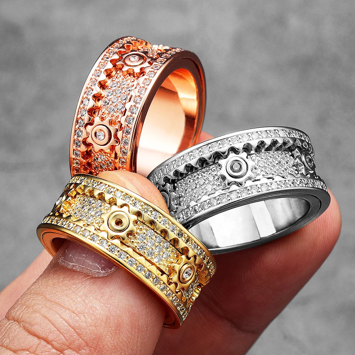 Fidget Spinner Gemstone Gear Men Rings Stainless Steel Women Jewelry Punk New in Rock Hip Hop Fashion Accessories Gift Wholesale