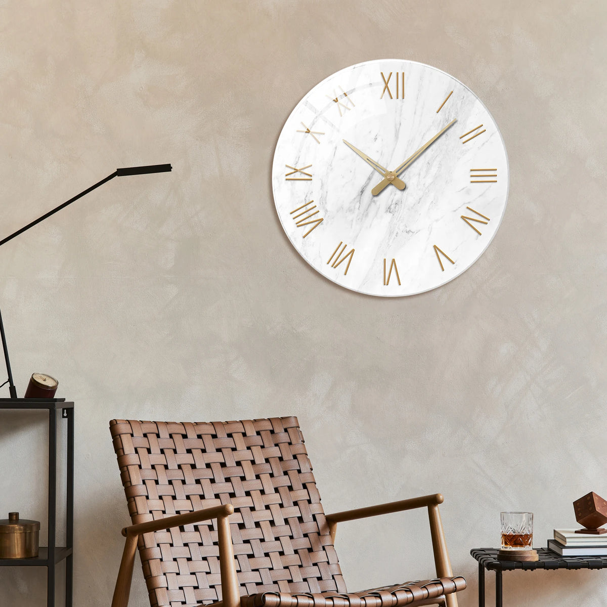 1pc 12 inch tempered glass wall clock, modern simple white marble texture gold Roman numerals design wall clock, home mute clock