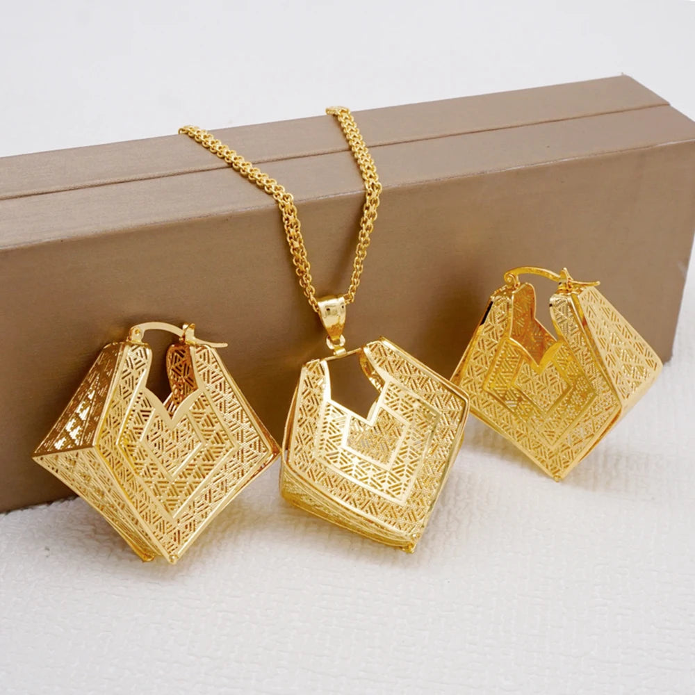 Fashion Dubai Jewelry Sets Gold Color Pendant Copper Classic Earrings Necklace For Women Daily Wear Party Anniversary Gifts