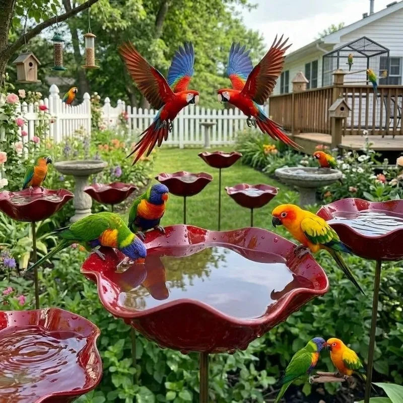 Garden Metal Flower Bird Bath Stake with Copper Bird Water Cleaner Disk Outdoor Yard Bird Water Bowl Bird Feeder Garden Ornament