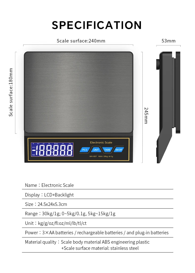 LCD Digital Kitchen Scale 30kg/1g Rechargeable Stainless Steel Panel Electronic Scales Home Jewelry Food Weighing Baking Tools