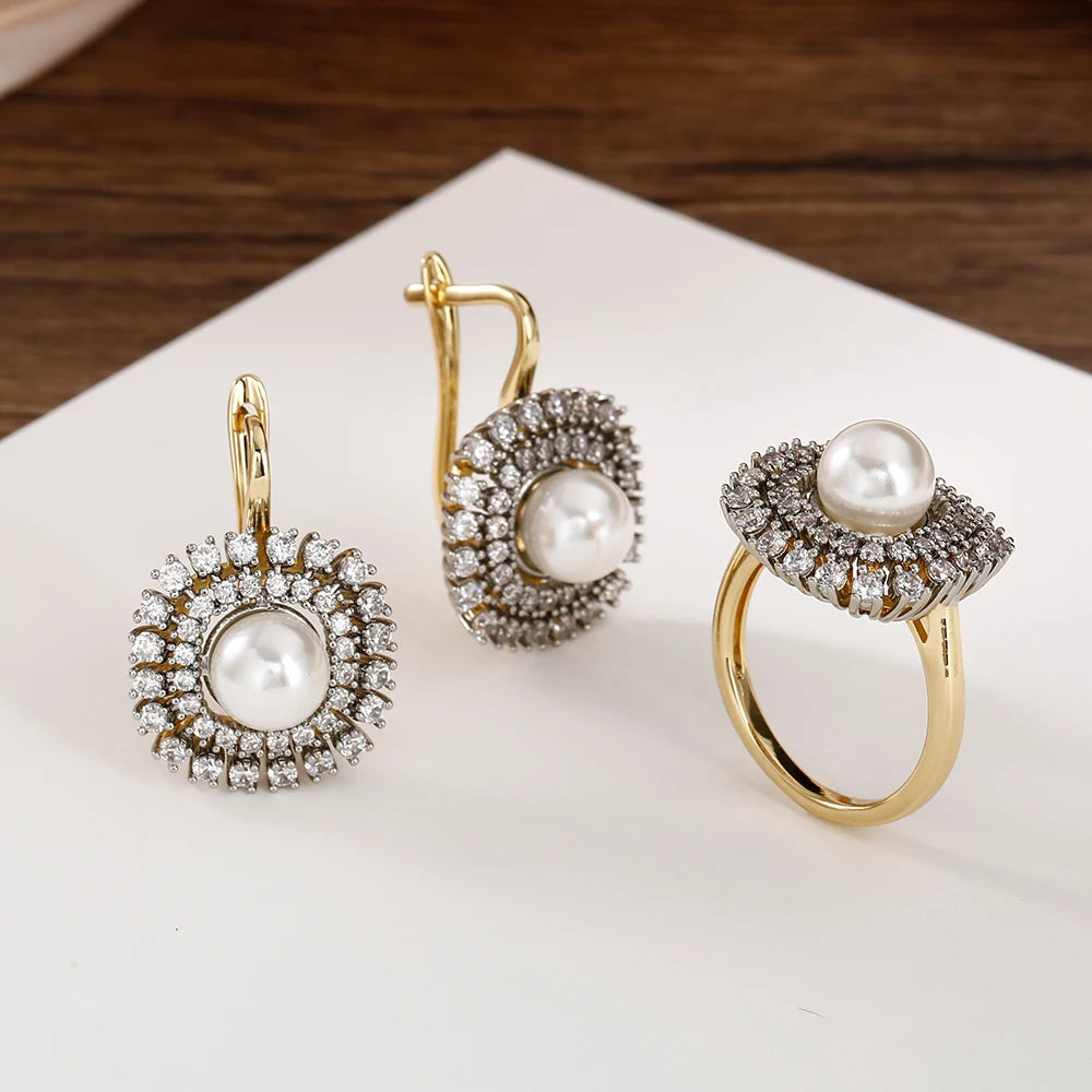 Women's Luxury Inlaid Zirconia Vintage Pearl Earrings Ring Set Copper Plated 14K Gold Fashion Jewelry Wedding Party Gift