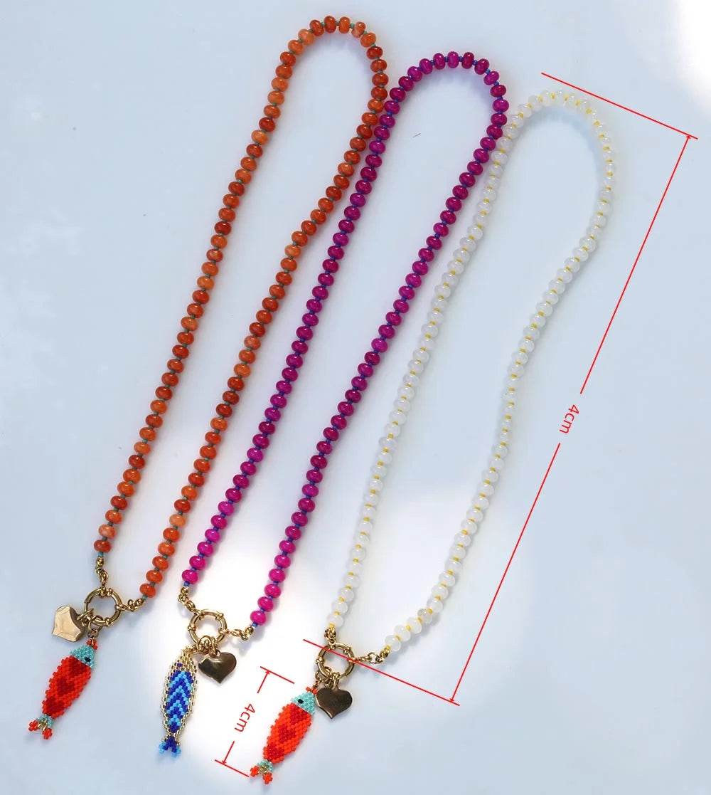 Elegant eye-catching summer fashion accessory jewelry Bohemian style colored bead necklace with hand knitting fish pendant