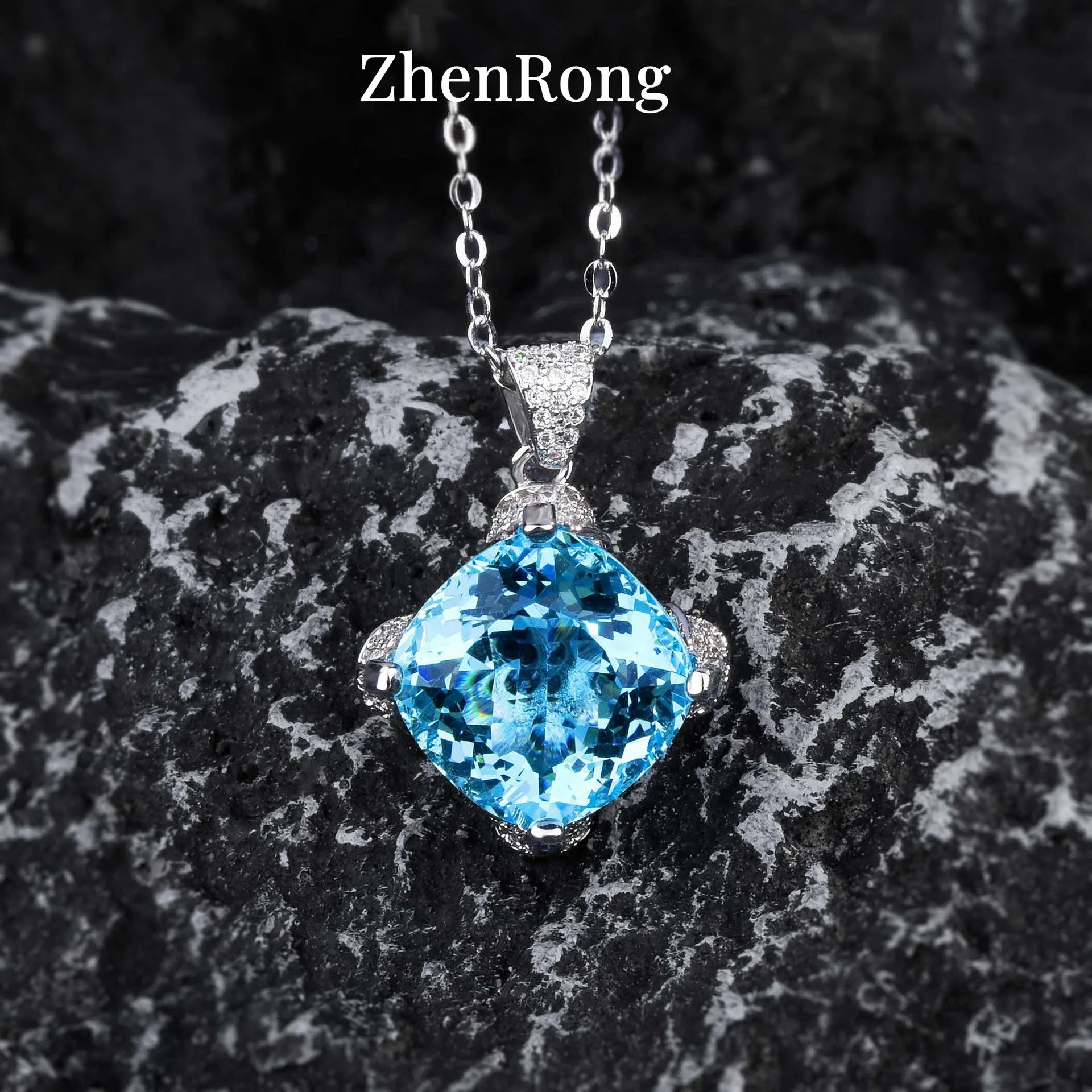 New Women Luxury Simple Bridal Wedding Jewelry Sets 15 Carat Artificial Blue Green Moissanite Pendant Necklaces Earrings Rings