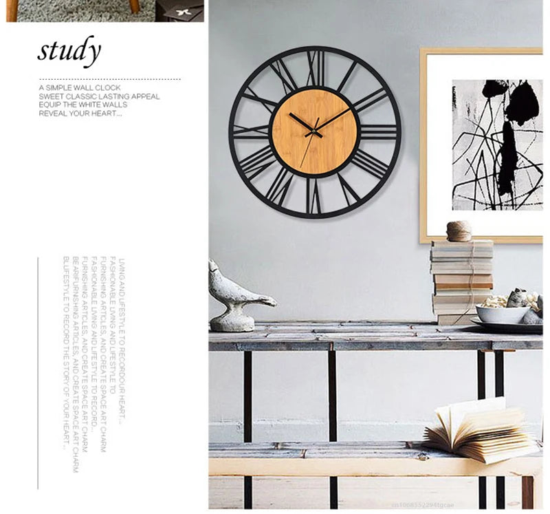 3D Large Wall Clocks Nordic Roman Numerals Retro Round Wood Metal Iron Accurate Silent Hanging Ornament Living Room Decoration