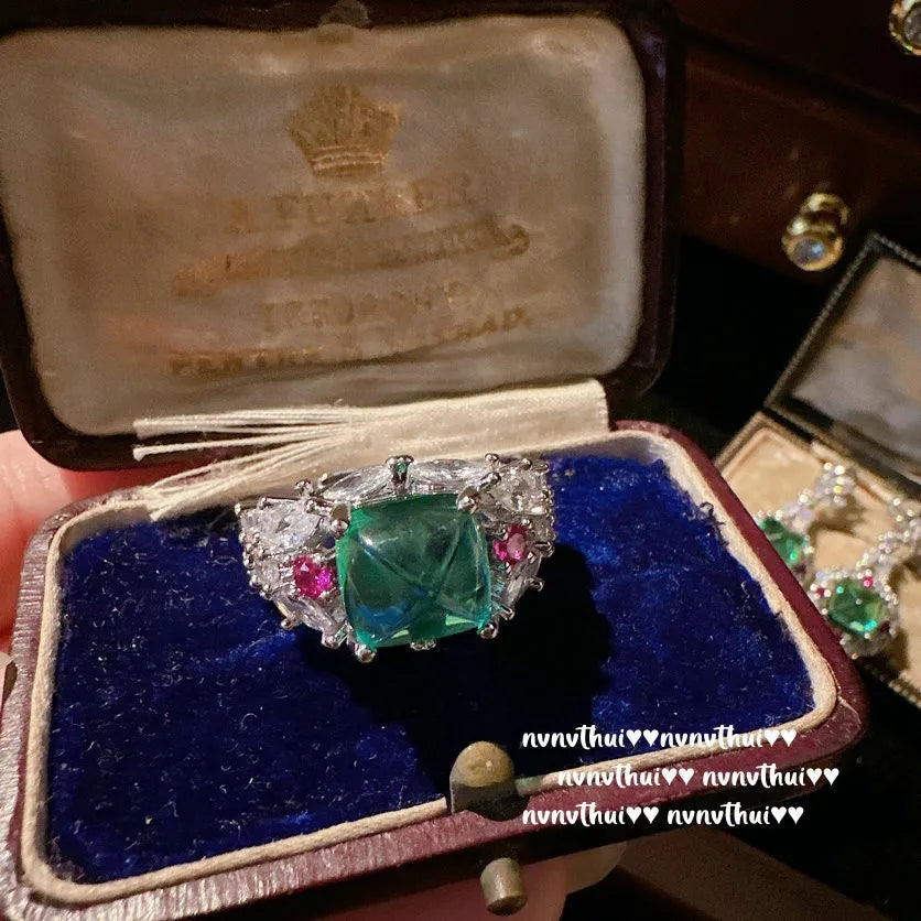 Luxury Vintage Tourmaline Lab Emerald Jewelry Sets for Women Platinum Plating Green Gemstone Inlady Trendy Ring/Earring/Necklace