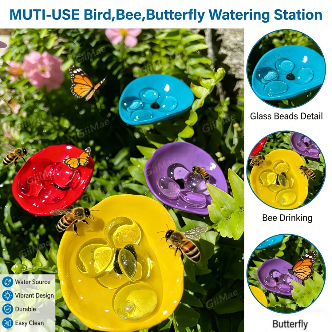 2Pcs Vibrant Floral Bee Water Station with Beads Outdoor Garden Insect Butterfly Drinking Cup Hummingbird Feeder Yard Art Decor