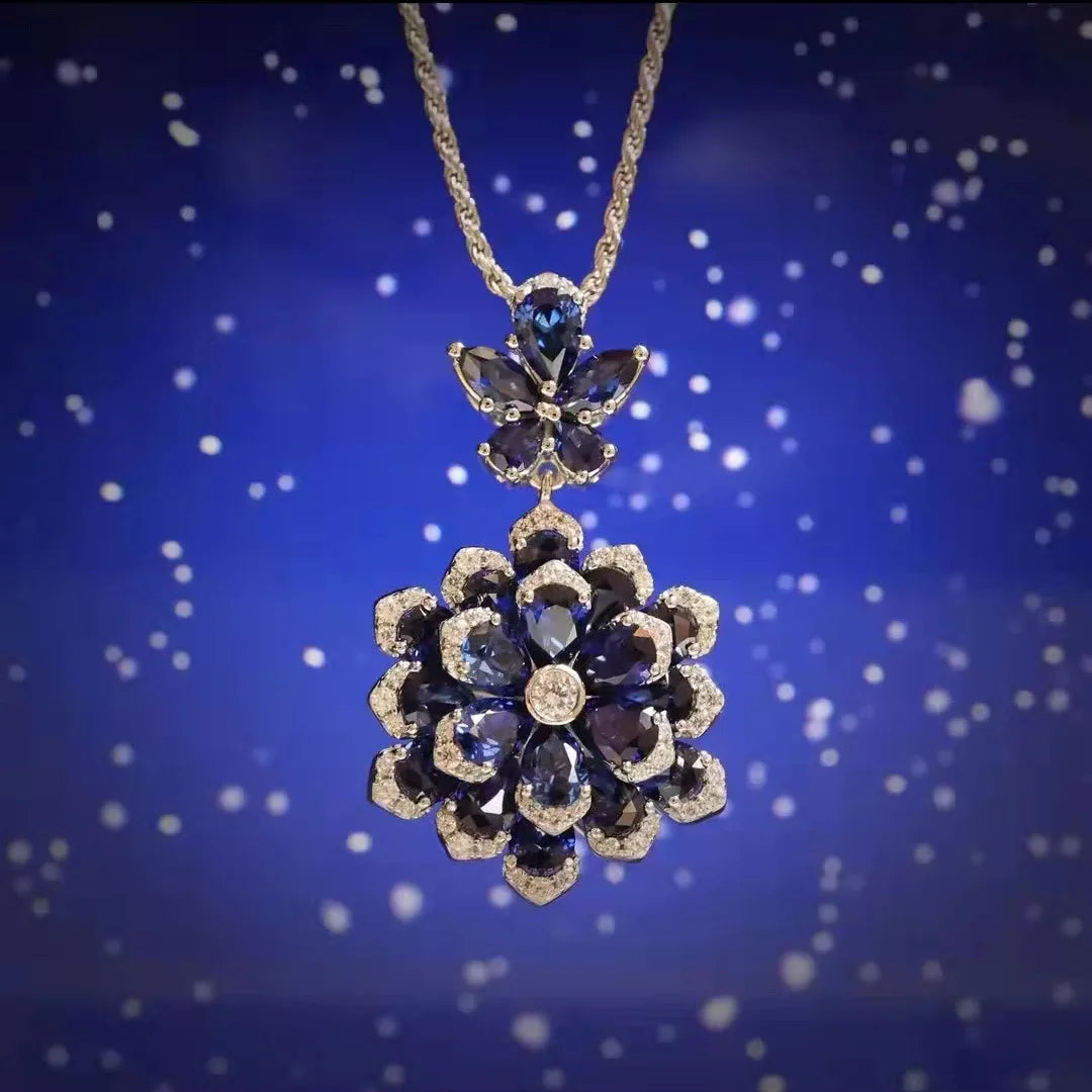 Foydjew New Flower-shaped Jewelry Sets Necklaces Luxury Royal Blue Pendant Earrings Simulated Emerald Color Treasure Rings