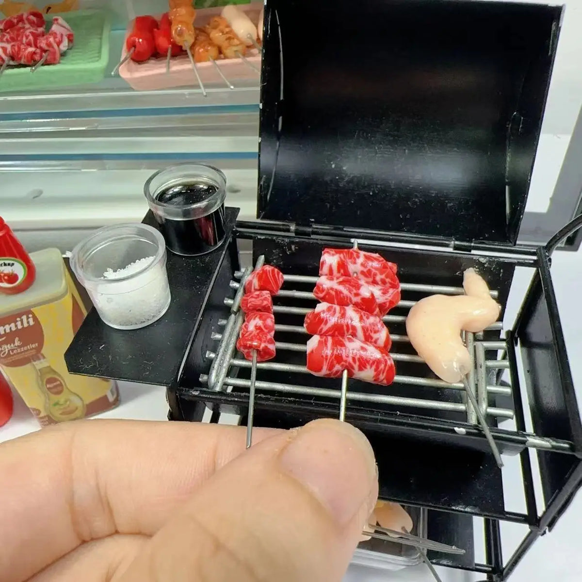 New 1/12Miniature Supermarket food simulation kabob beef sausage corn mushroom for Doll House Mini Kitchen Clay food Accessories