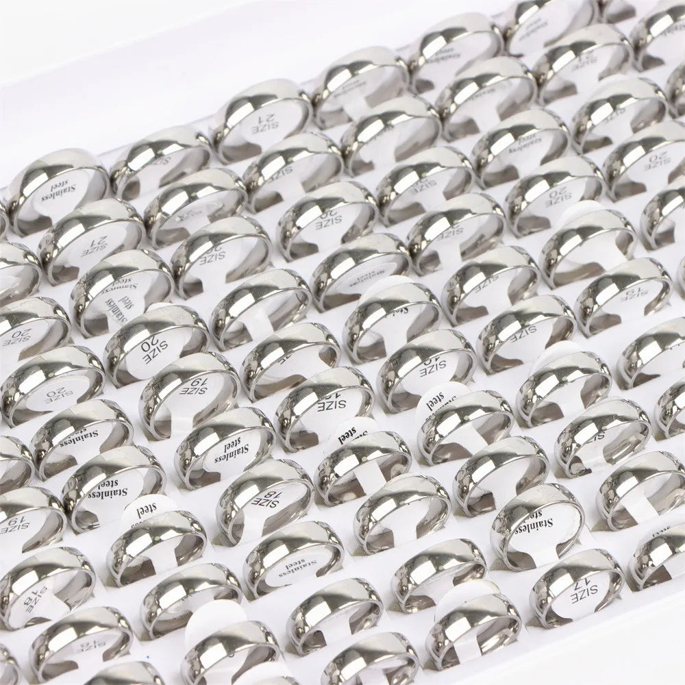 100Pcs/lot Fashion Smooth Stainless Steel Rings For Women Men Width 2-8mm Simple Lovers Jewelry Party