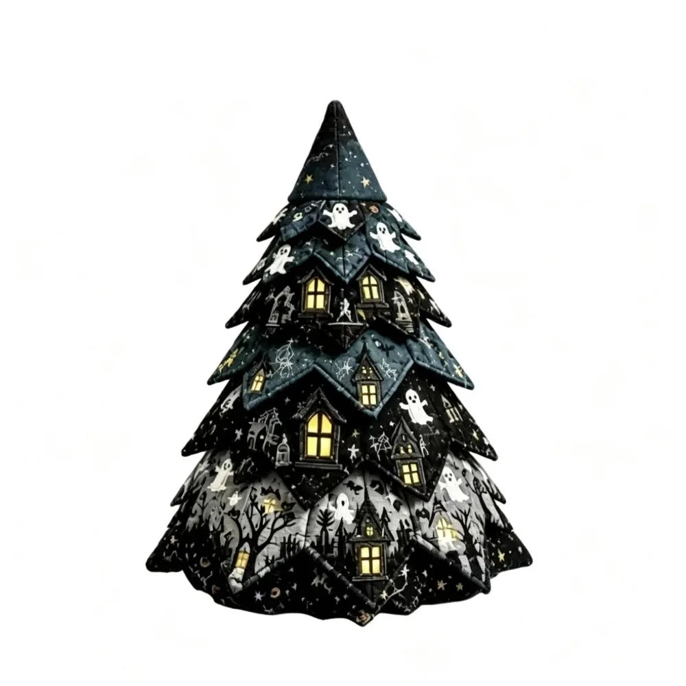 Vintage Halloween Quilted Fabric Tree Kit Pumpkin Ghost Black Cat Spider DIY Patchwork Tabletop Tree Set Tree Ornament 3D Thick