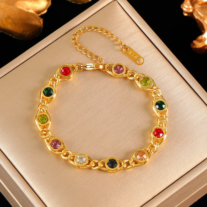 EILIECK 316L Stainless Steel Metal Colored Zircon Chain Necklace Bracelet Set For Women Fashion Statement Waterproof Jewelry