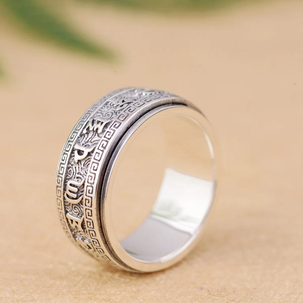Factory Price S925 Sterling Silver Craft Mens Rings Rotable Stereoscopic Vintage Glossy Six-character Mantra Jewelry Gift