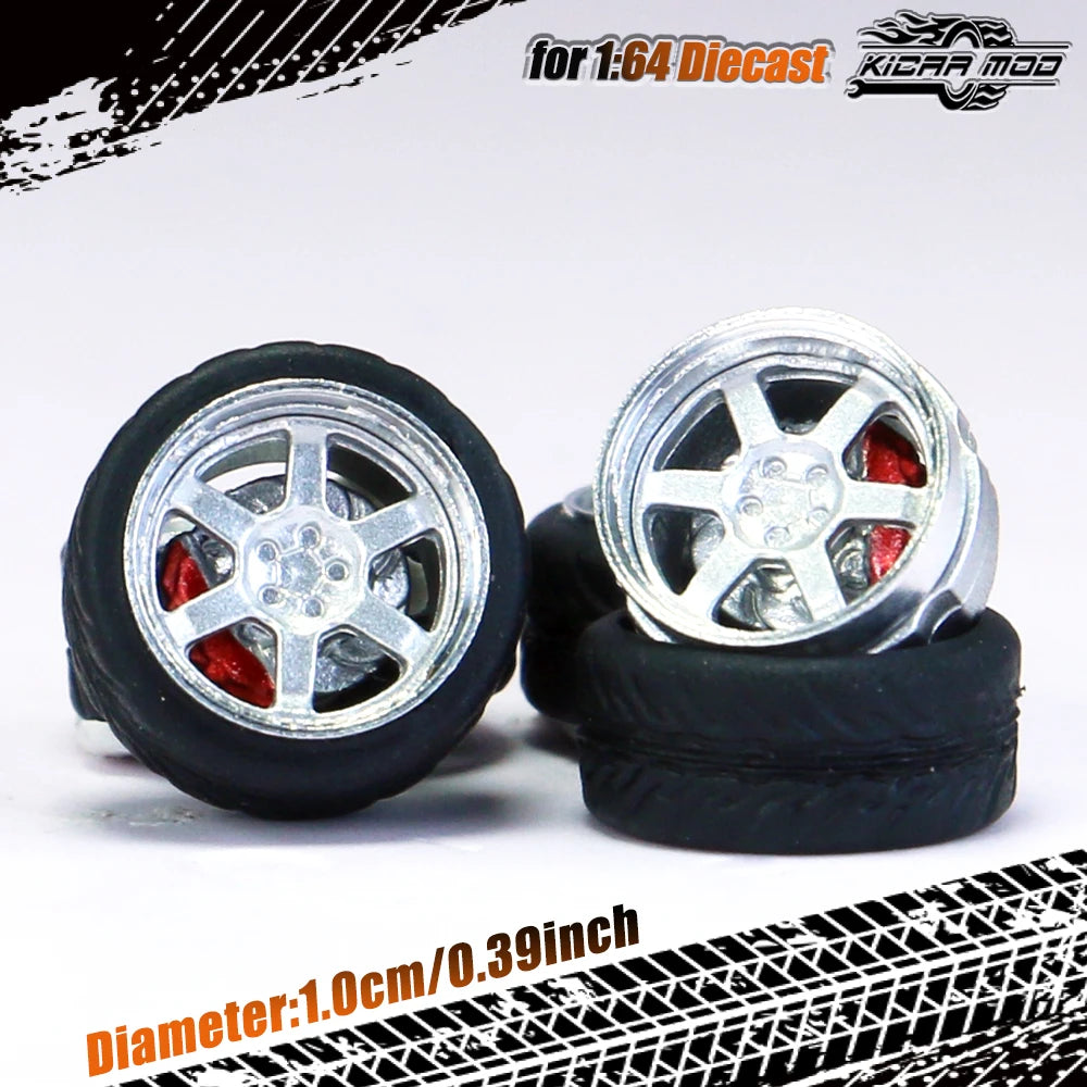 Kicarmod 1/64 Model Car ABS Wheels with Rubber Tire Brake Disc Metal Rims Diameter 10mm Refitting Parts For Model Car