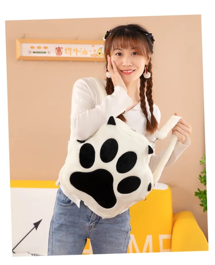 Kawaii White Puppy Cat Paw Plush Backpack Adjustable Straps Funny Dog Big Capacity Soft Stuffed Animals Bags for Girls Women