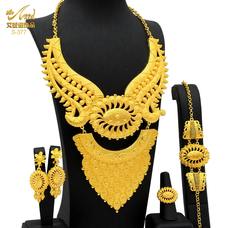 Dubai Indian Necklace Earrings Big Pendant Jewelry Set Gold Color For Women Nigeria African Bridal Wedding Party Jewellery Gifts