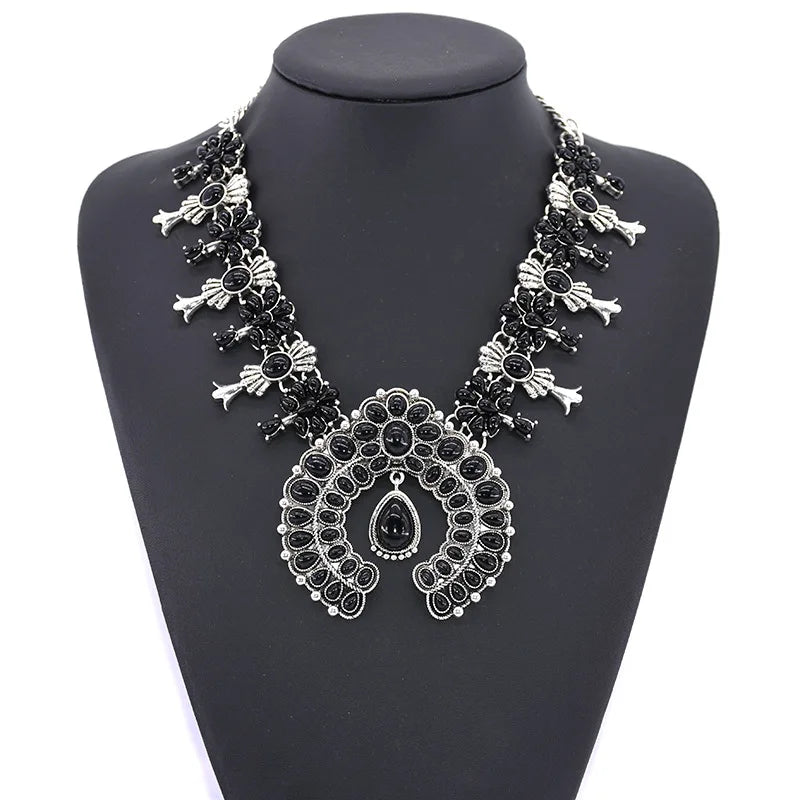 Navajo Indian Jewelry Set Costume Statement Red Turquoise Stone Resin Earrings and Western Squash Blossom Necklace for Women