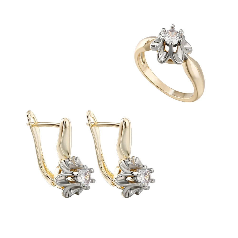 French Petal Inlaid Zircon Earrings and Ring Set, High-End Copper-Plated Two-Tone Gold Fashion Jewelry, Versatile for Commuting
