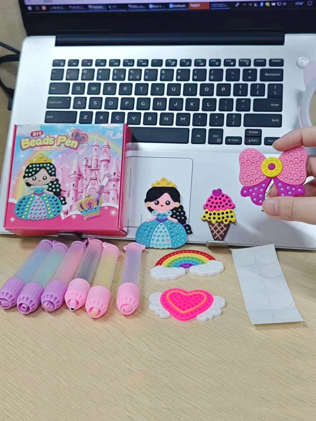 Handmade Set Beads Pen DIY Girls Toys, Creative Production Sticker Princess Rainbow Bow Girl Gifts Toy for Kids