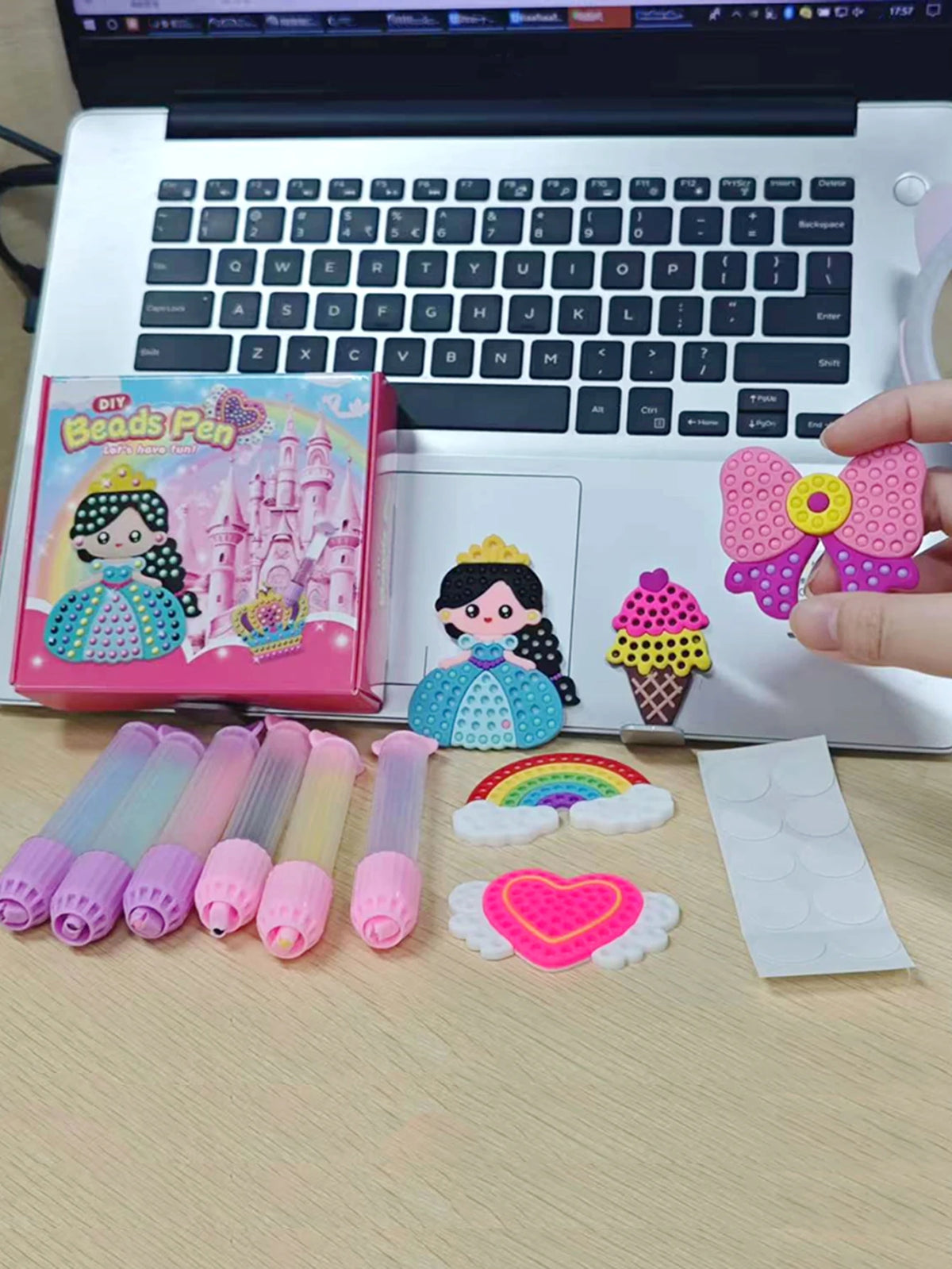 Handmade Set Beads Pen DIY Girls Toys, Creative Production Sticker Princess Rainbow Bow Girl Gifts Toy for Kids